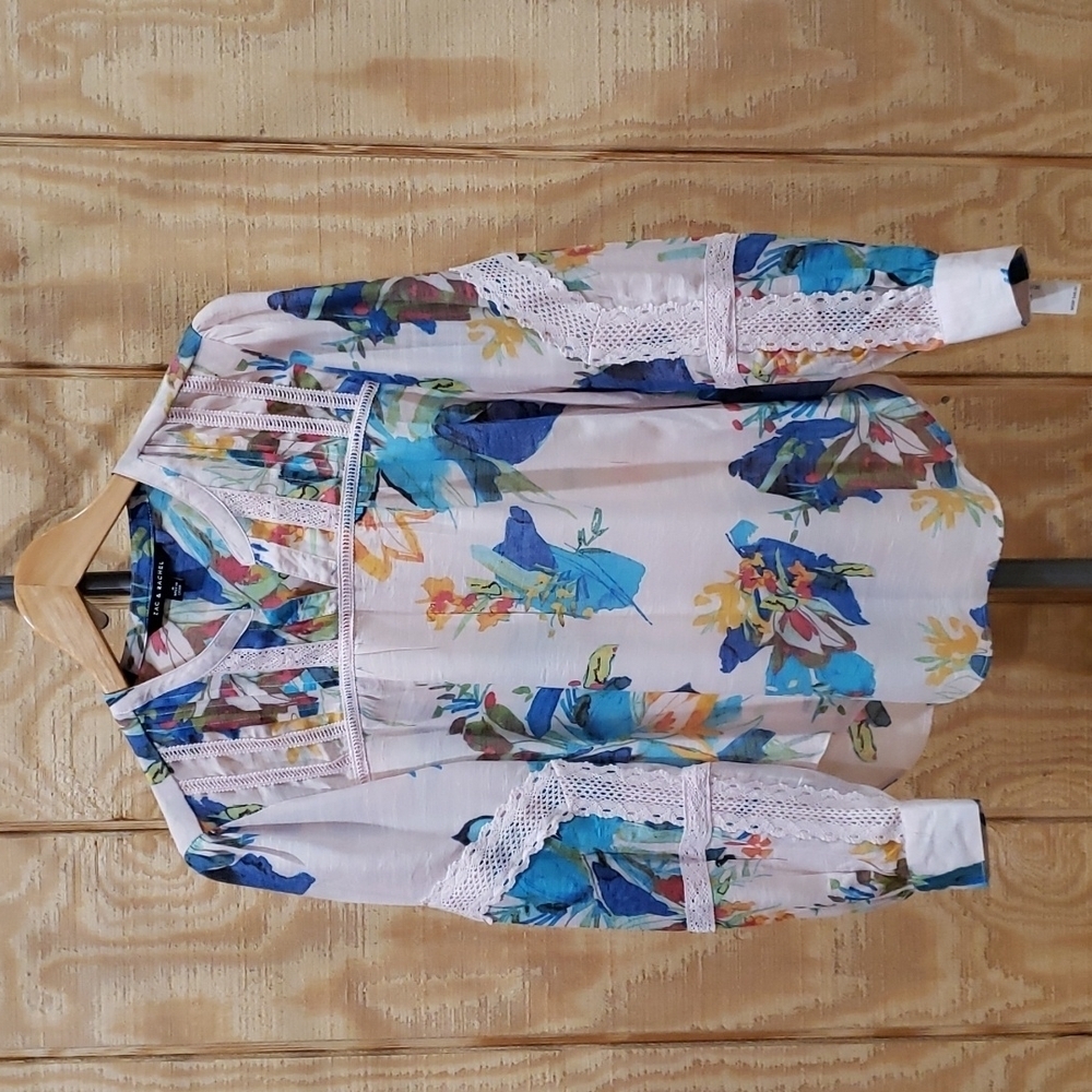 Zac & Rachel NWT Pink Blue Floral Embroidered Lace Long Sleeve Top Size S